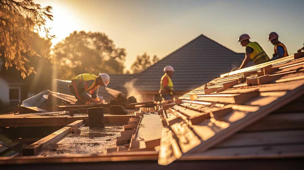 Homeowner inspecting gutters and roof edges while securing outdoor items before a severe storm.